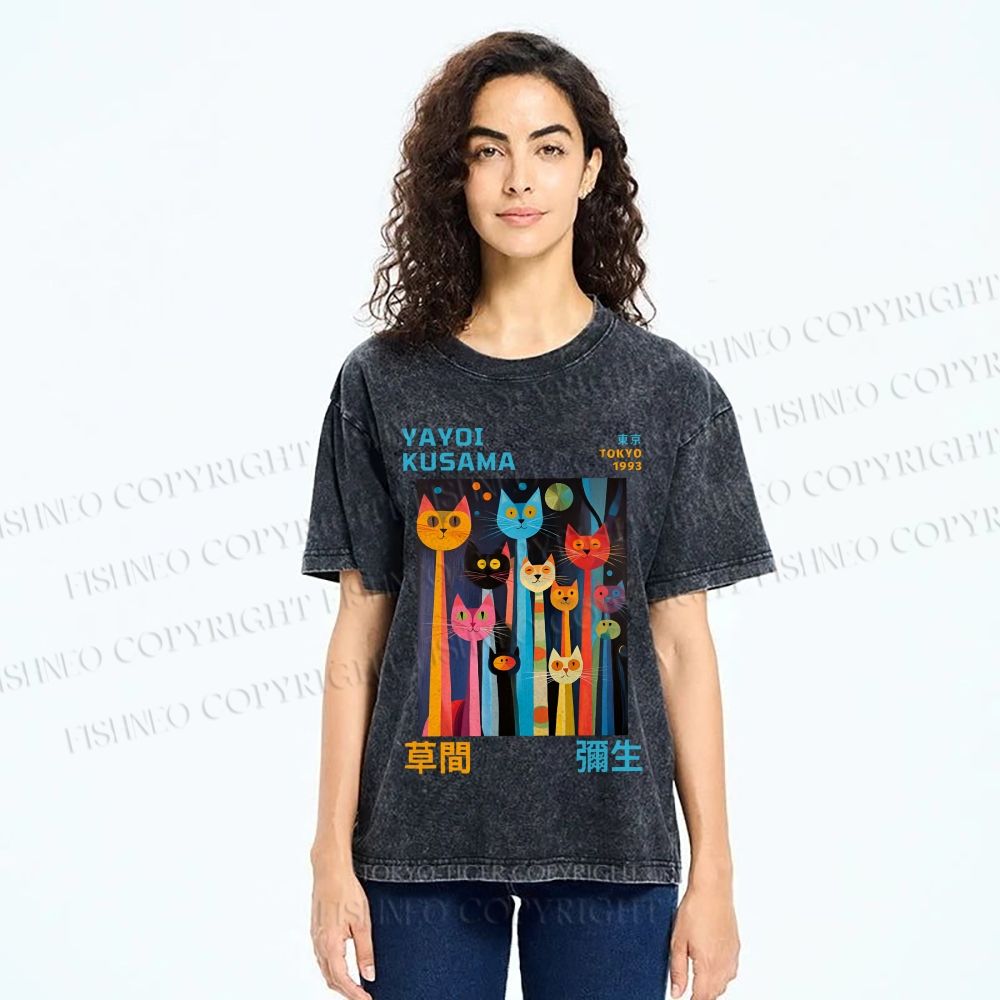 Unisex Yayoi Kusama Multicolor Cats Printed Washed Tee