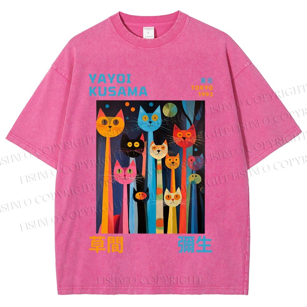 Unisex Yayoi Kusama Multicolor Cats Printed Washed Tee