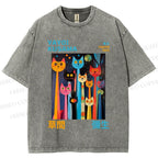 Unisex Yayoi Kusama Multicolor Cats Printed Washed Tee
