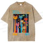 Unisex Yayoi Kusama Multicolor Cats Printed Washed Tee