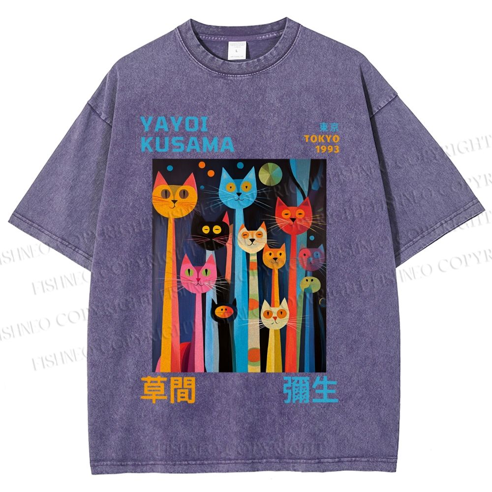Unisex Yayoi Kusama Multicolor Cats Printed Washed Tee