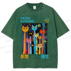 Unisex Yayoi Kusama Multicolor Cats Printed Washed Tee