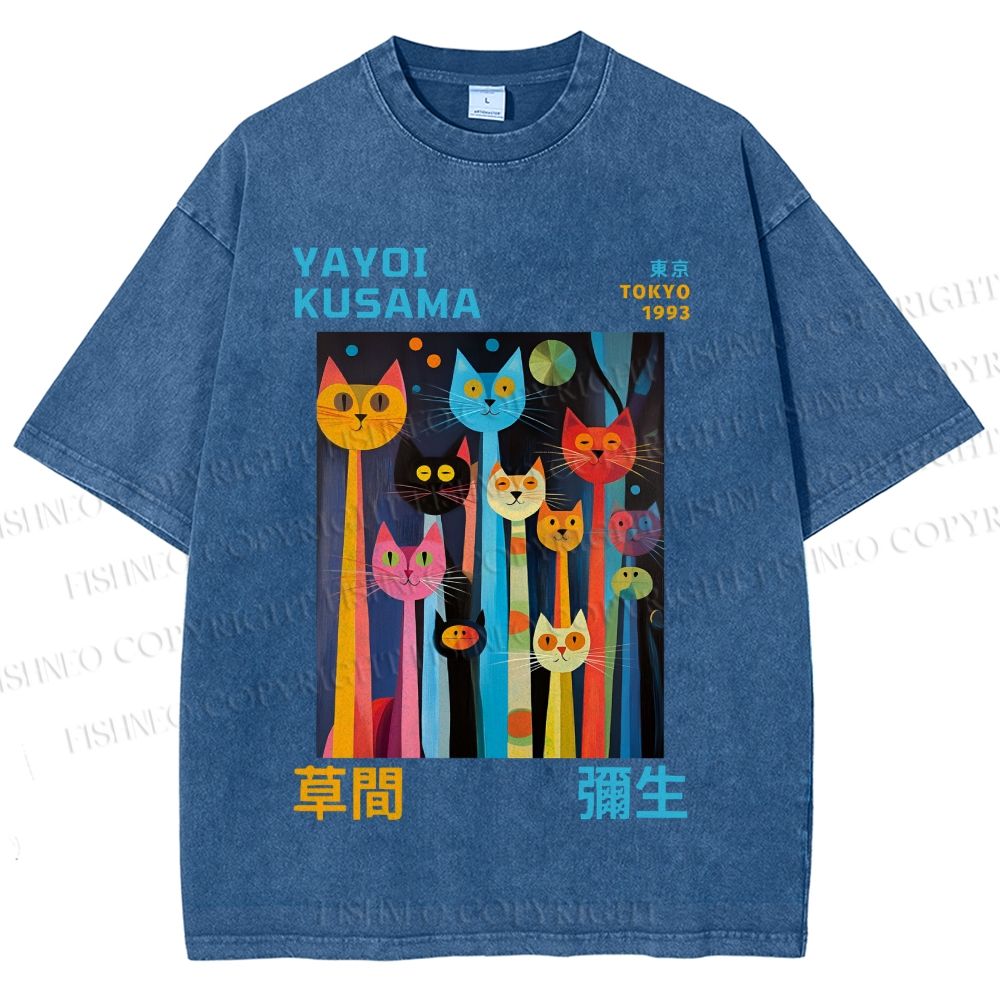 Unisex Yayoi Kusama Multicolor Cats Printed Washed Tee