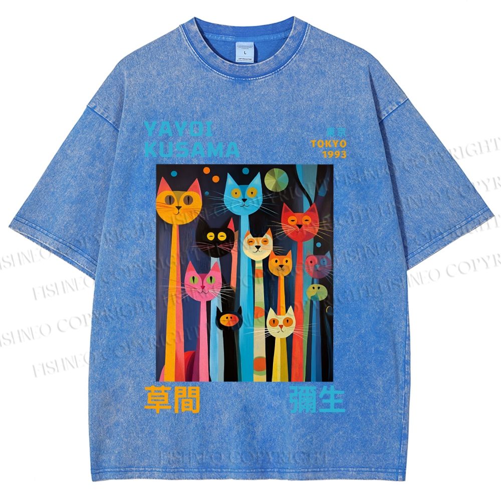 Unisex Yayoi Kusama Multicolor Cats Printed Washed Tee