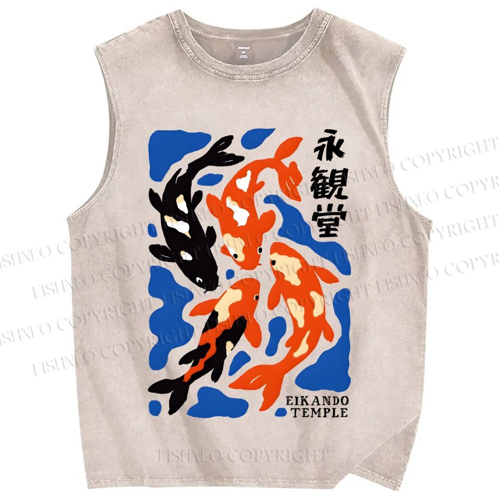 Unisex Koi Fish Japanese Printed Washed Tank Top