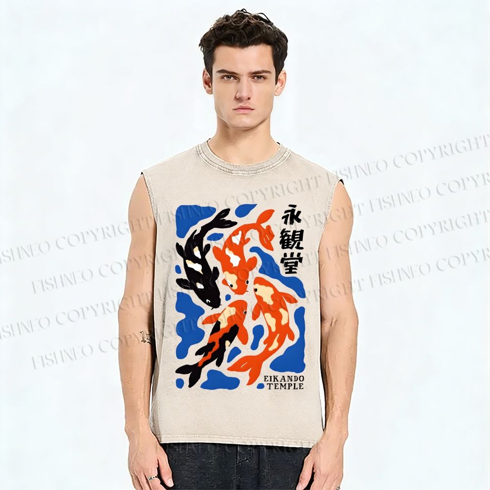 Unisex Koi Fish Japanese Printed Washed Tank Top
