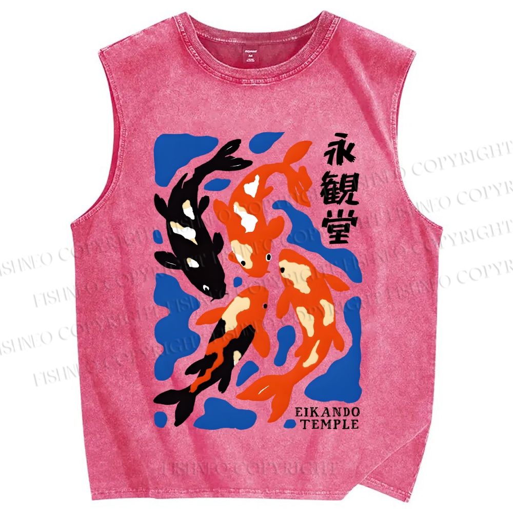 Unisex Koi Fish Japanese Printed Washed Tank Top