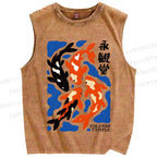 Unisex Koi Fish Japanese Printed Washed Tank Top