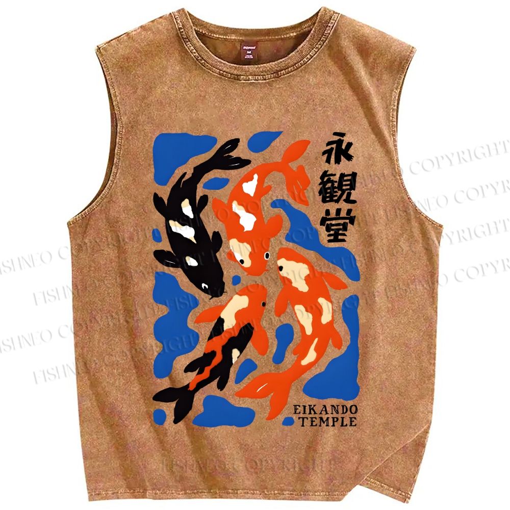 Unisex Koi Fish Japanese Printed Washed Tank Top