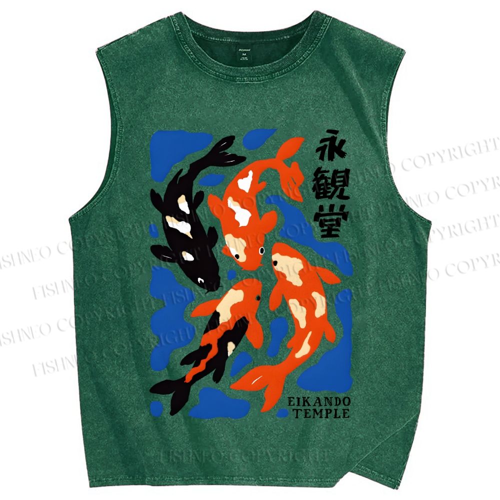 Unisex Koi Fish Japanese Printed Washed Tank Top