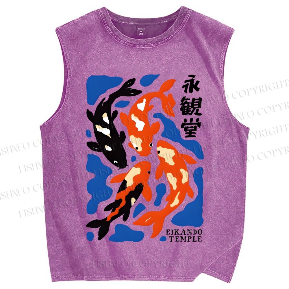 Unisex Koi Fish Japanese Printed Washed Tank Top