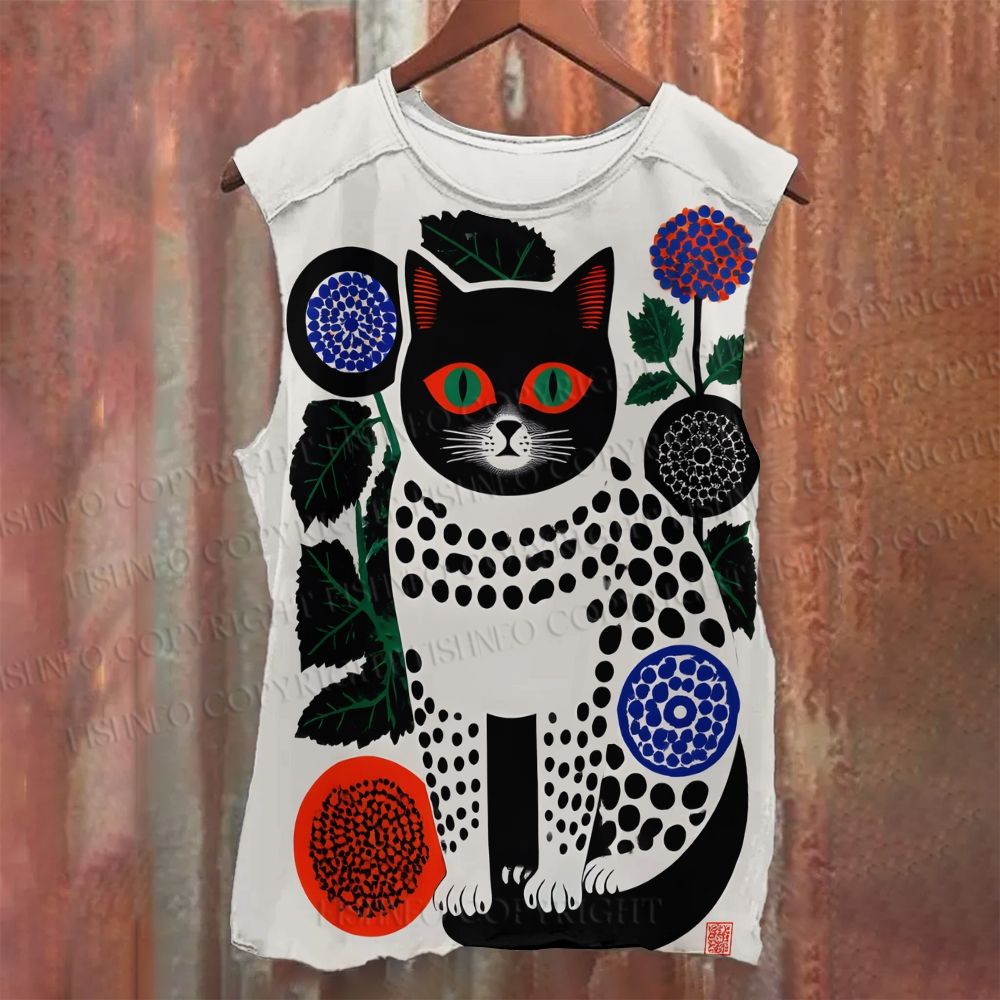 Unisex Casual Vintage Polka Dot Cat Printed Tank Top