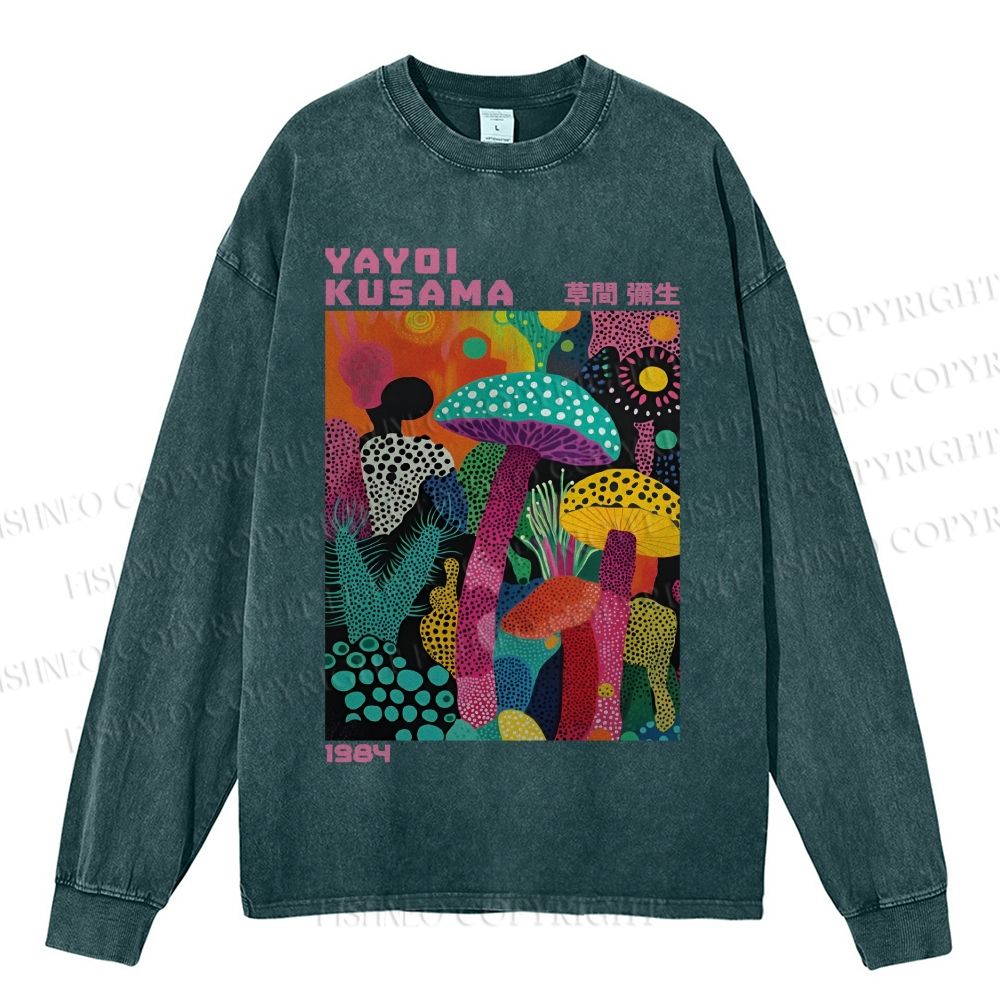 Unisex Casual Washed Yayoi Kusama Multicolor Mushroom Printed Long Sleeve T-shirt