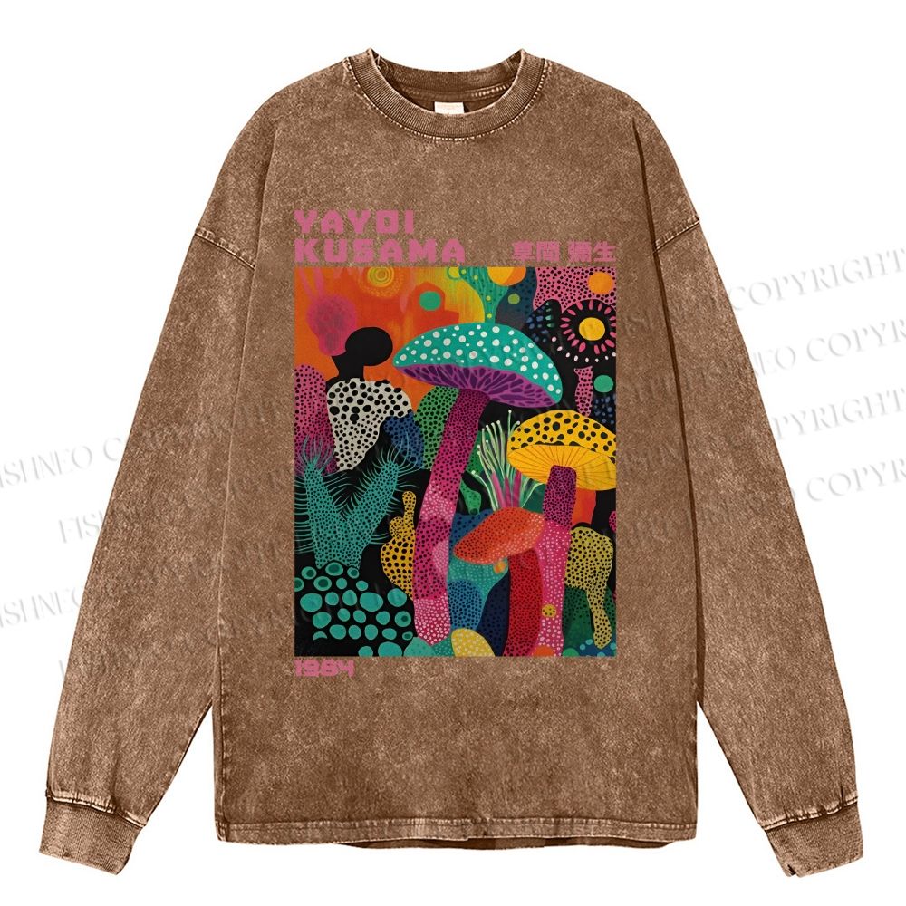 Unisex Casual Washed Yayoi Kusama Multicolor Mushroom Printed Long Sleeve T-shirt