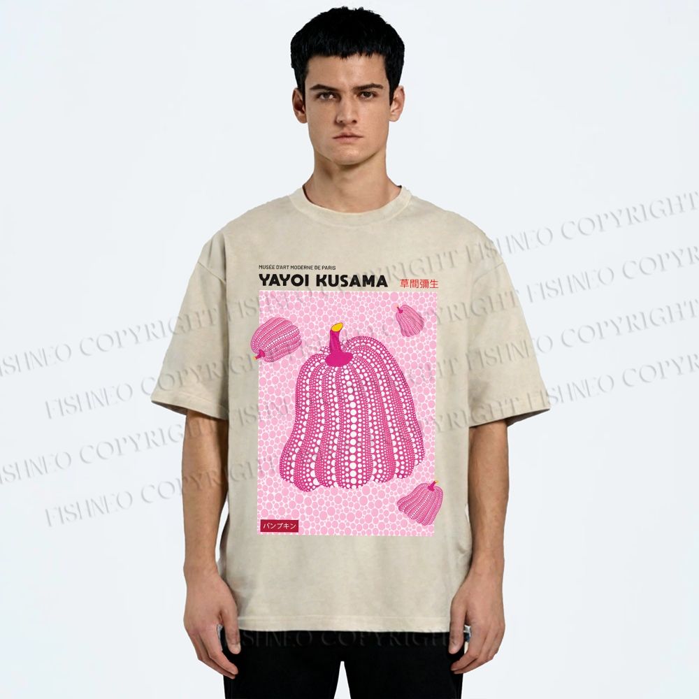 Unisex Yayoi Kusama Pink Pumpkin Printed Washed Tee