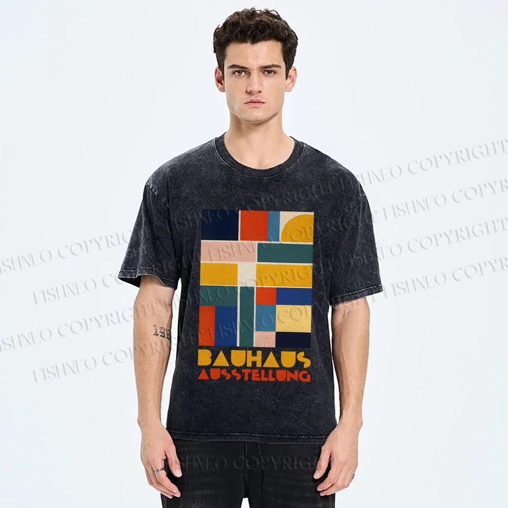 Unisex Bauhaus Geometric Color Blocks Printed Washed Tee