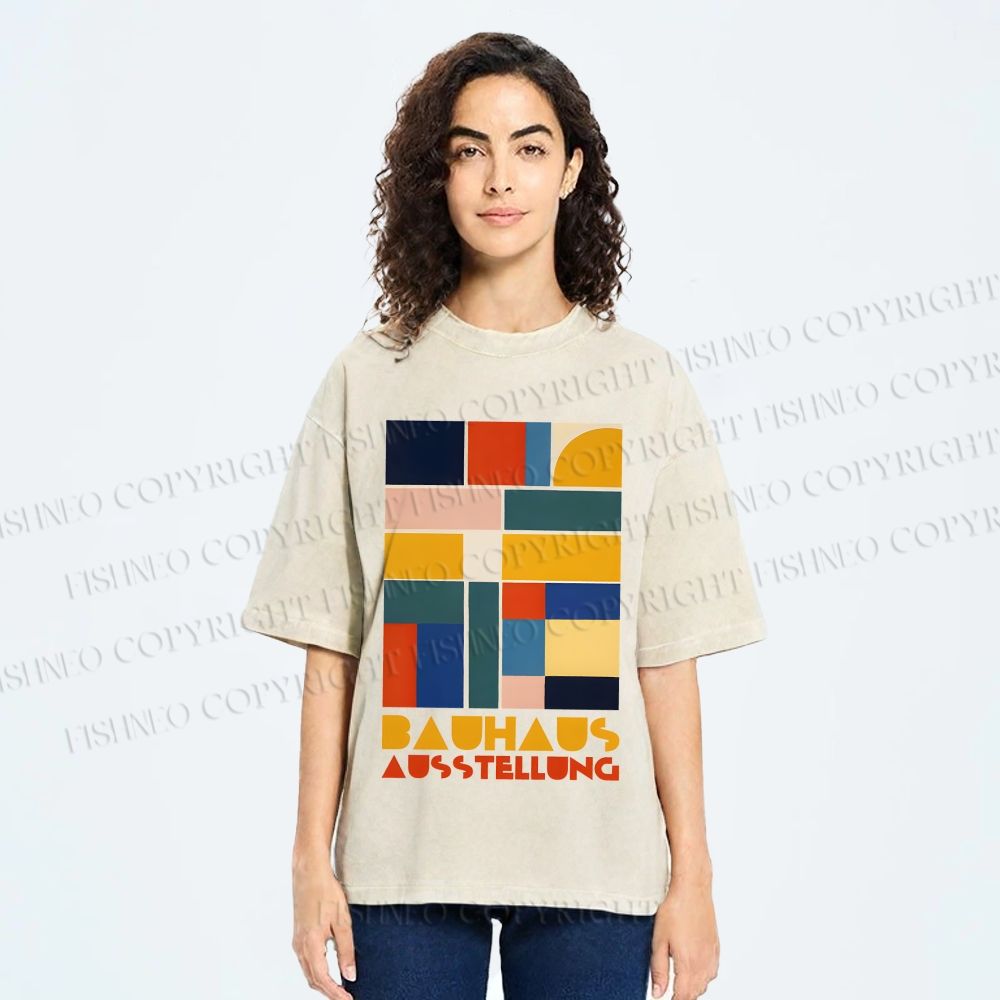 Unisex Bauhaus Geometric Color Blocks Printed Washed Tee