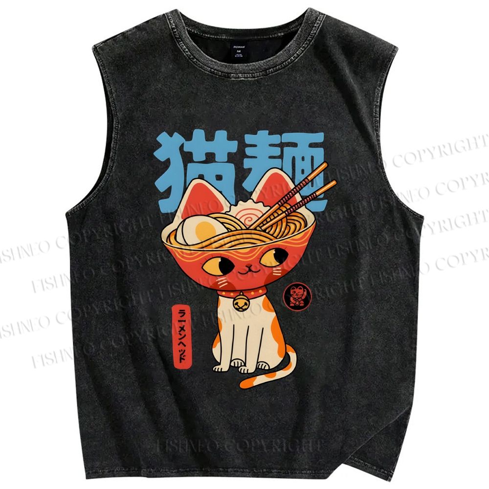 Unisex Cats Ramen Noodles Printed Washed Tank Top