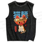 Unisex Cats Ramen Noodles Printed Washed Tank Top