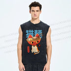 Unisex Cats Ramen Noodles Printed Washed Tank Top