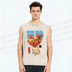 Unisex Cats Ramen Noodles Printed Washed Tank Top