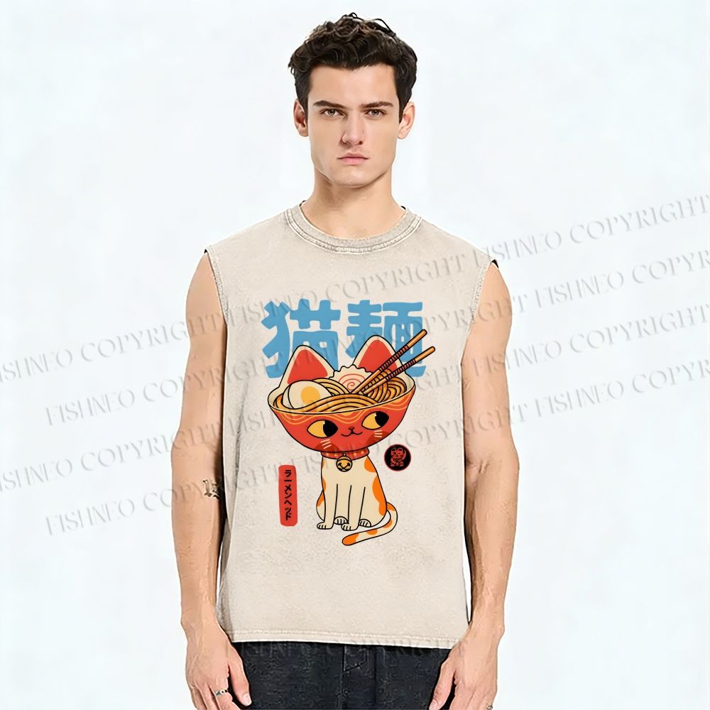 Unisex Cats Ramen Noodles Printed Washed Tank Top