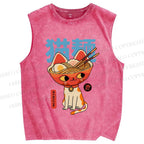 Unisex Cats Ramen Noodles Printed Washed Tank Top