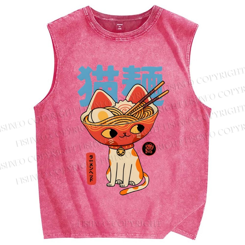 Unisex Cats Ramen Noodles Printed Washed Tank Top