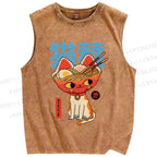 Unisex Cats Ramen Noodles Printed Washed Tank Top