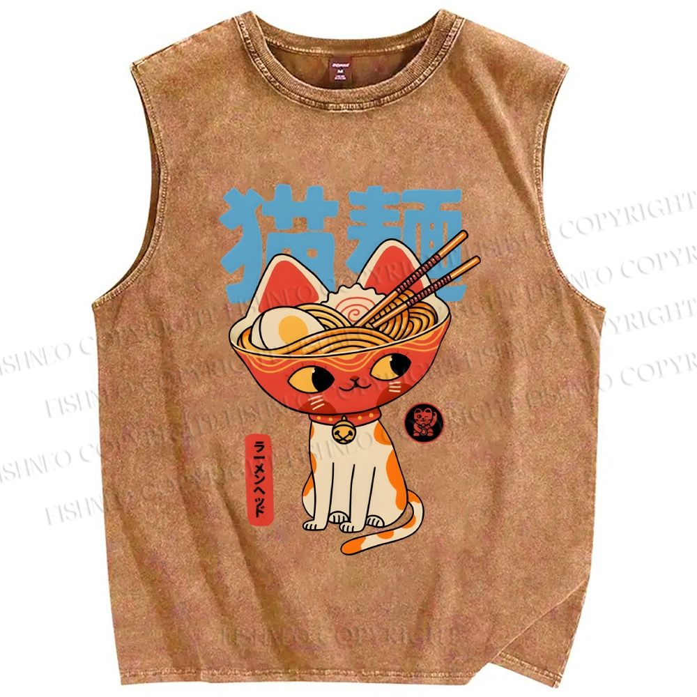 Unisex Cats Ramen Noodles Printed Washed Tank Top