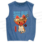 Unisex Cats Ramen Noodles Printed Washed Tank Top