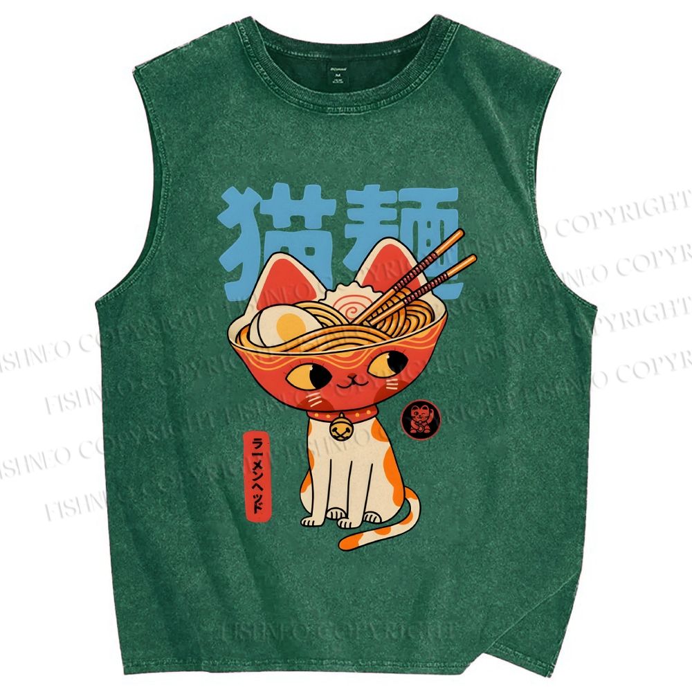 Unisex Cats Ramen Noodles Printed Washed Tank Top