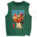 Unisex Cats Ramen Noodles Printed Washed Tank Top