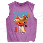 Unisex Cats Ramen Noodles Printed Washed Tank Top
