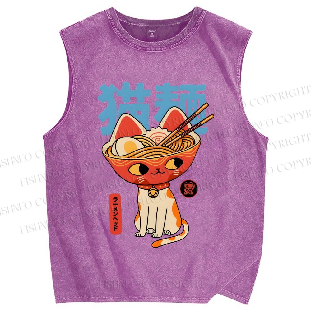 Unisex Cats Ramen Noodles Printed Washed Tank Top