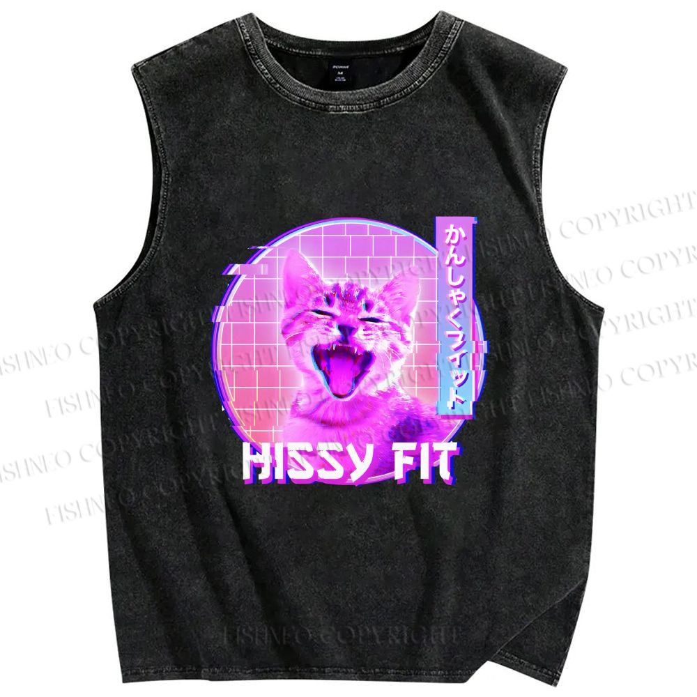Unisex Hissy Fit Cat Printed Washed Tank Top