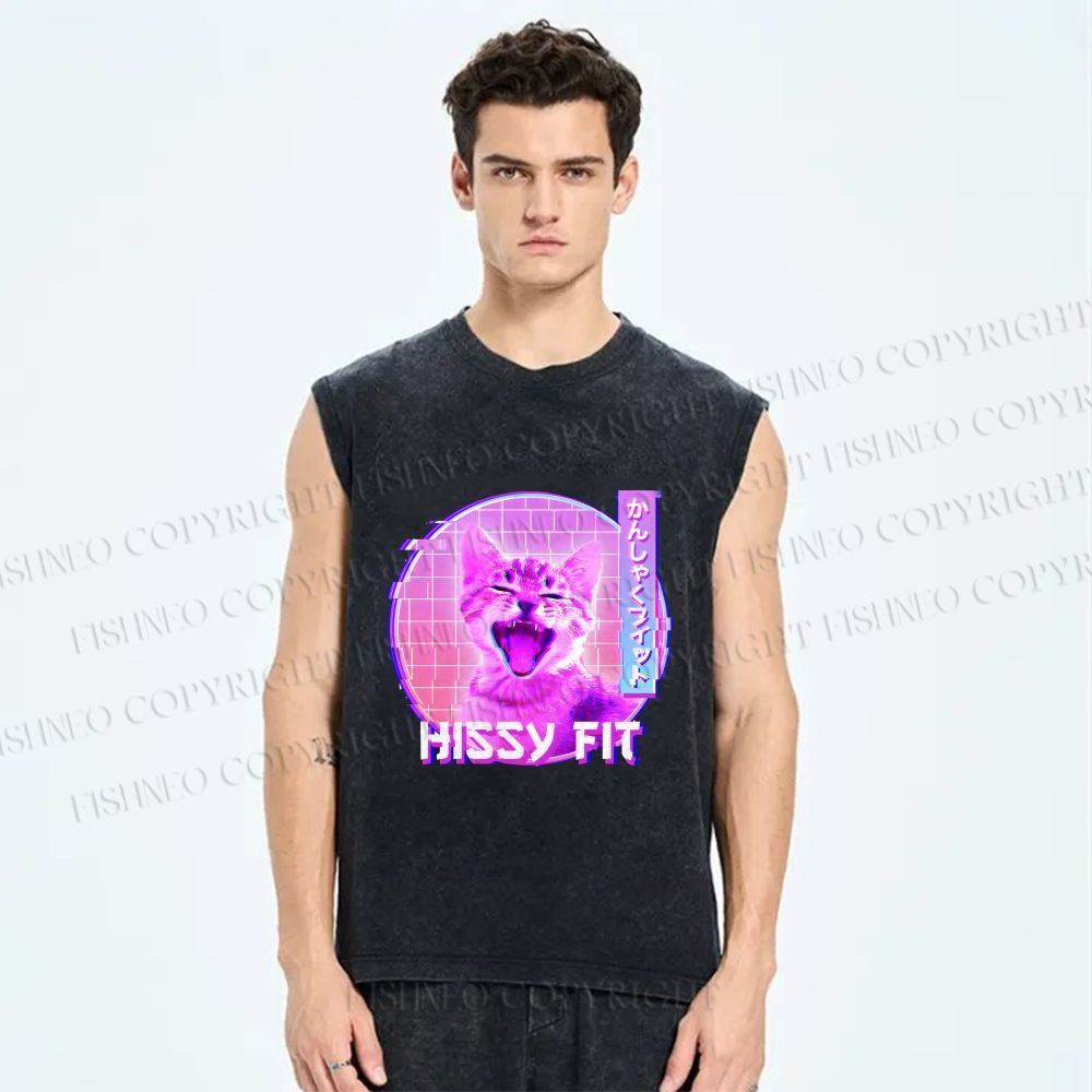 Unisex Hissy Fit Cat Printed Washed Tank Top