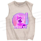 Unisex Hissy Fit Cat Printed Washed Tank Top