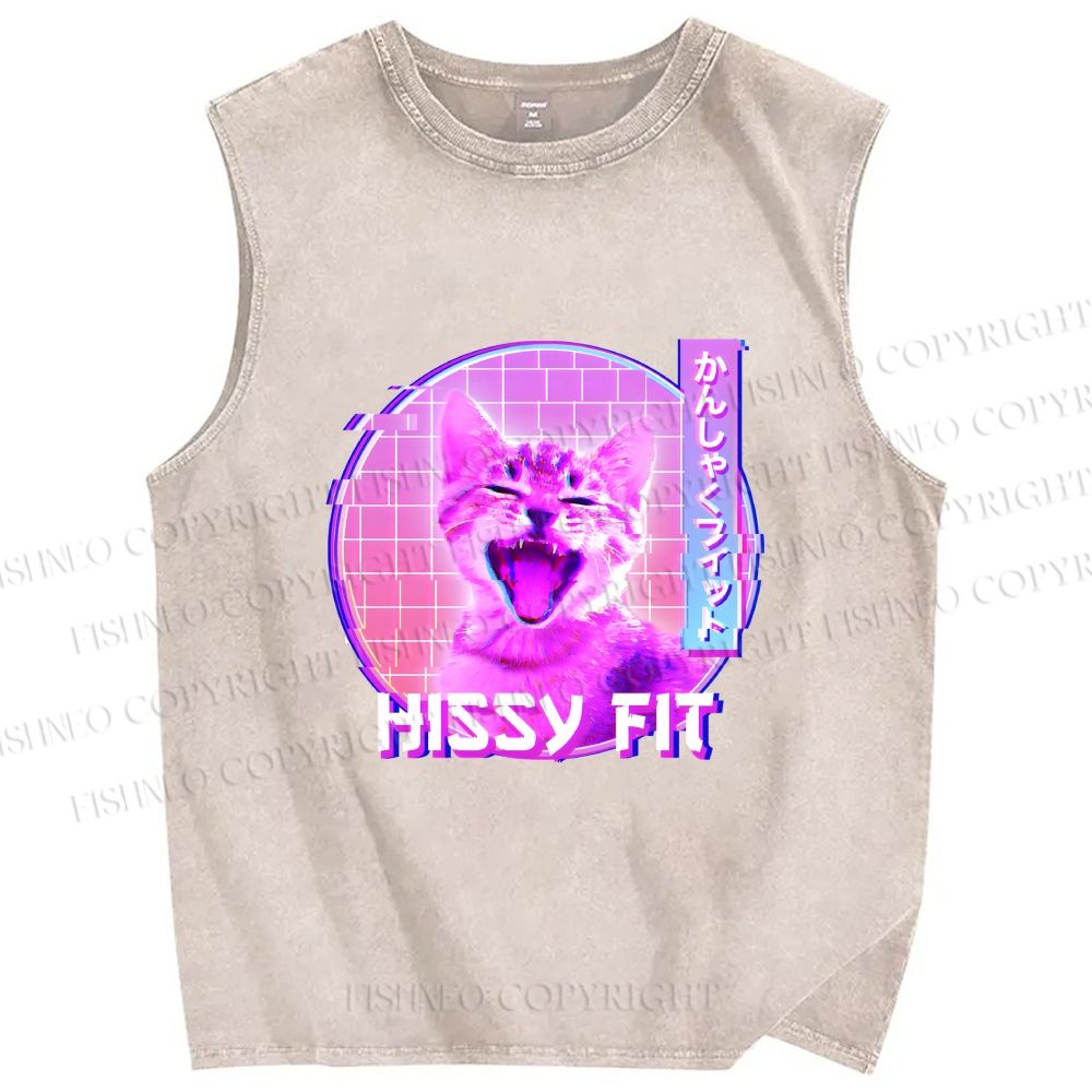 Unisex Hissy Fit Cat Printed Washed Tank Top