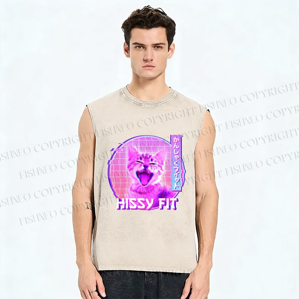 Unisex Hissy Fit Cat Printed Washed Tank Top
