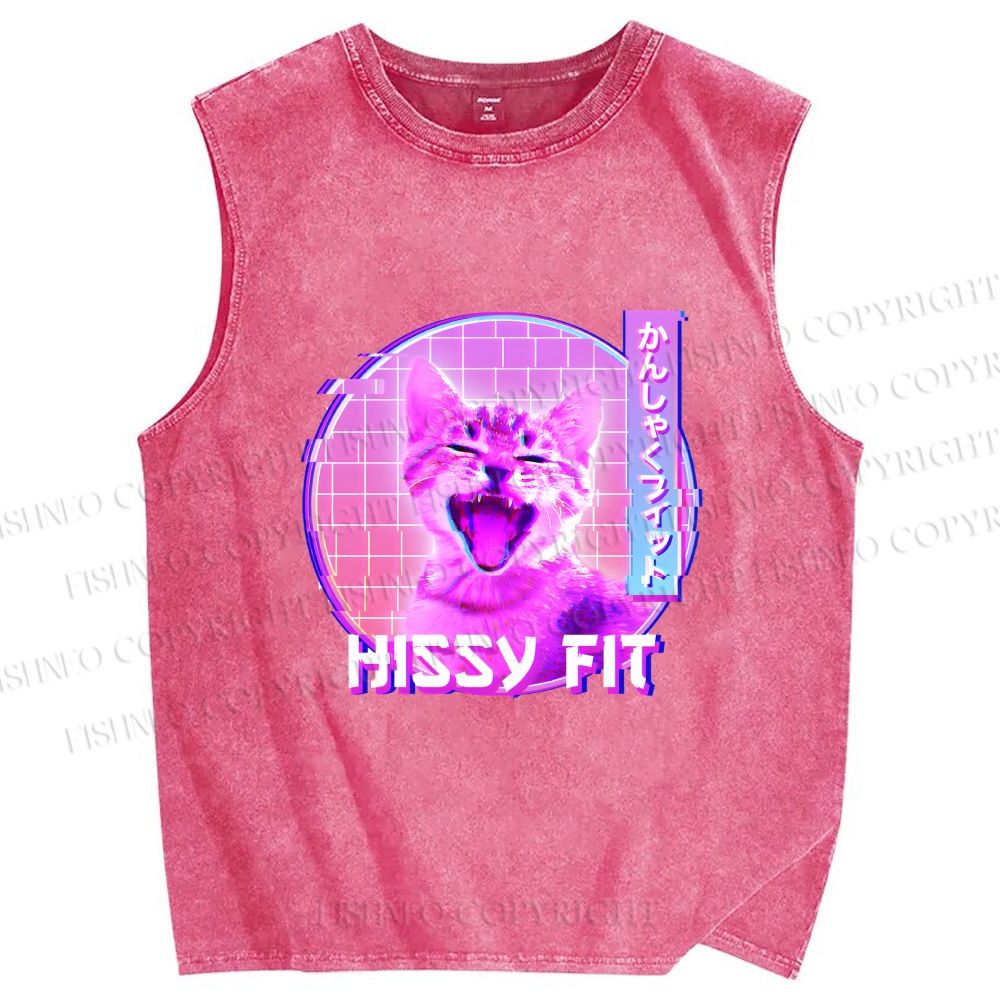 Unisex Hissy Fit Cat Printed Washed Tank Top