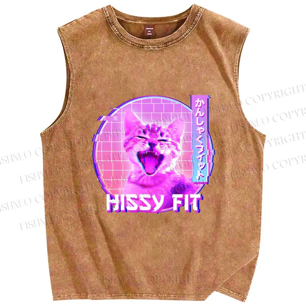 Unisex Hissy Fit Cat Printed Washed Tank Top