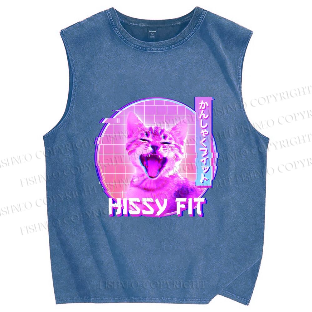 Unisex Hissy Fit Cat Printed Washed Tank Top