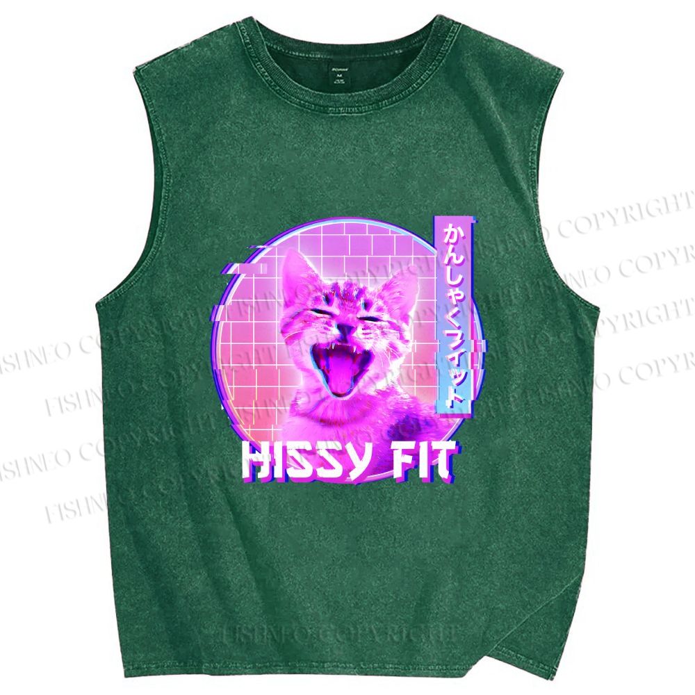 Unisex Hissy Fit Cat Printed Washed Tank Top