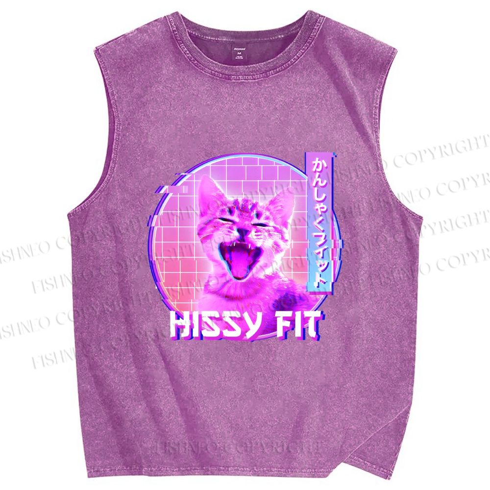 Unisex Hissy Fit Cat Printed Washed Tank Top