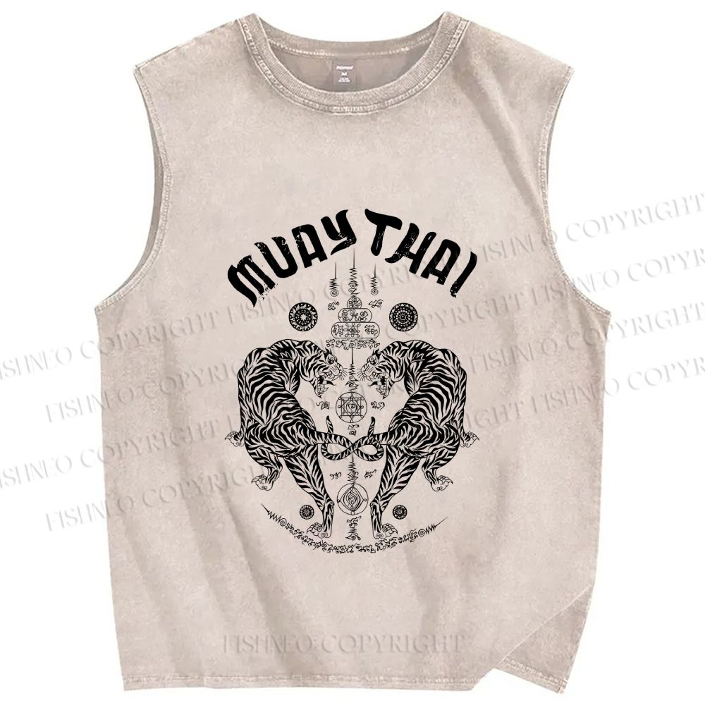Unisex Symmetric Tigers Printed Washed Tank Top
