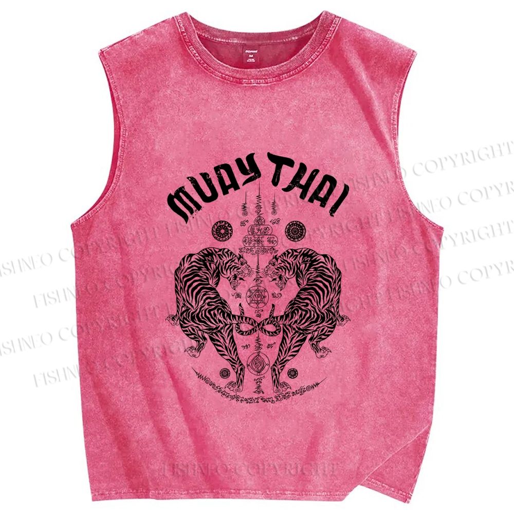 Unisex Symmetric Tigers Printed Washed Tank Top