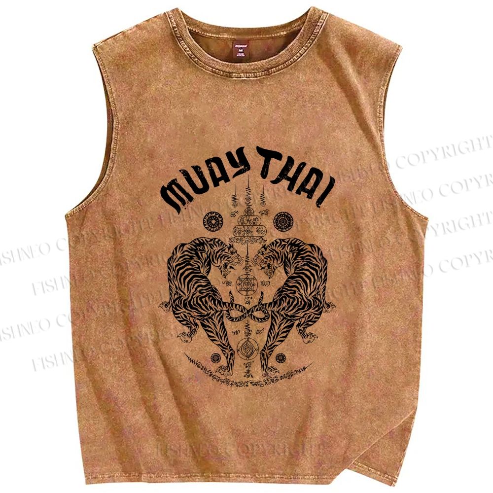 Unisex Symmetric Tigers Printed Washed Tank Top