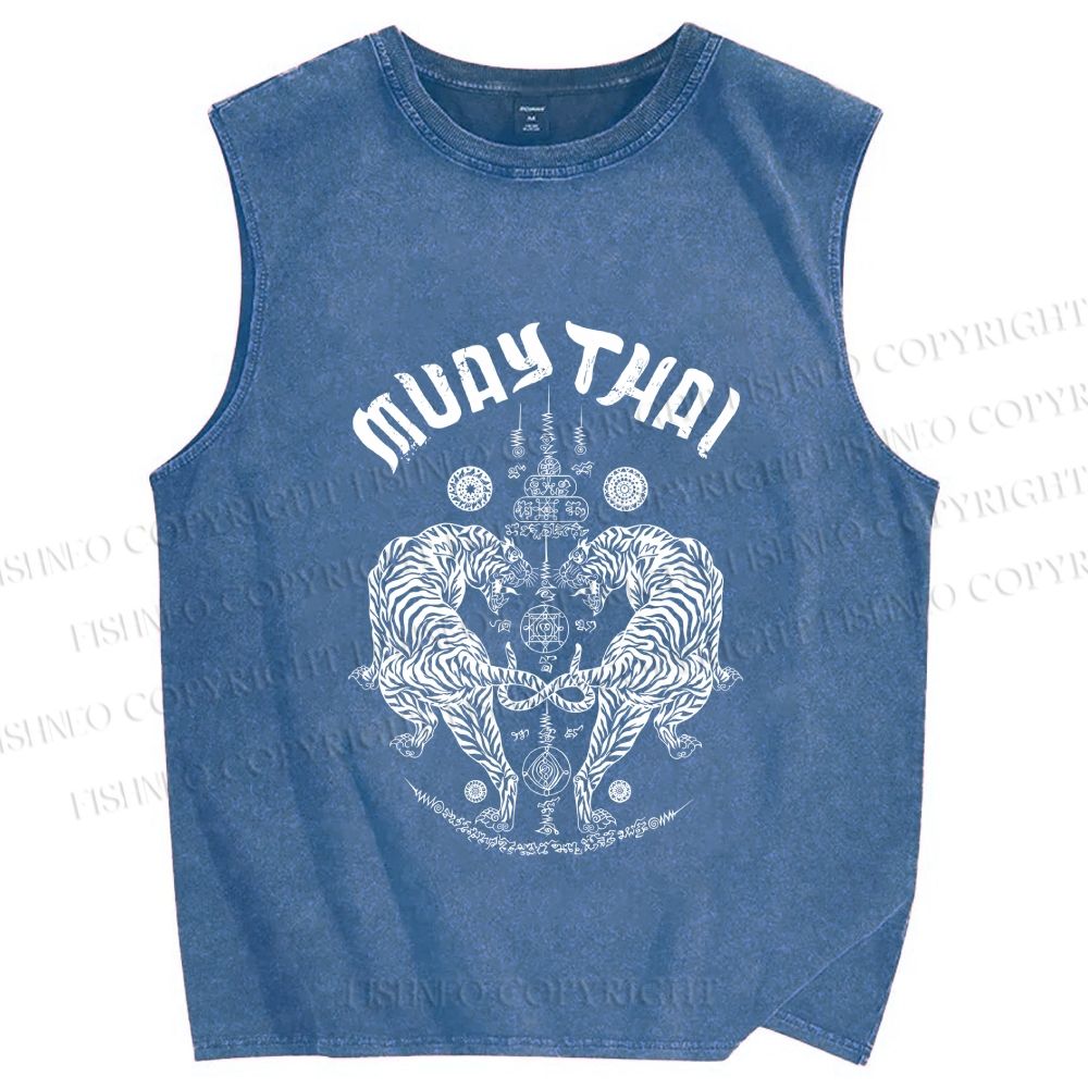Unisex Symmetric Tigers Printed Washed Tank Top