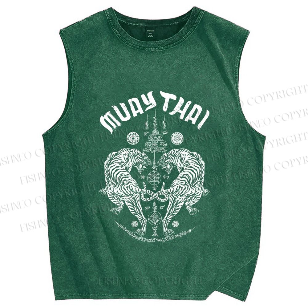 Unisex Symmetric Tigers Printed Washed Tank Top